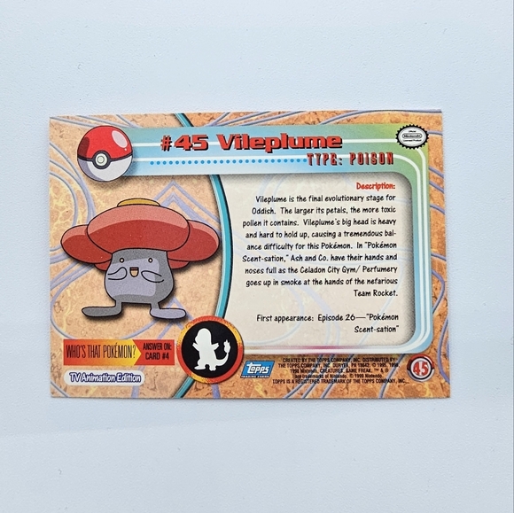 Pokemon 1999 TOPPS Vileplume #45 Blue Logo TV Animation Edition Card - Picture 4 of 4